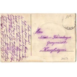 n°21454 - Carte Brodée -Fröhliche Weihnachten - Père Noël rentrant par une cheminée sur un toit