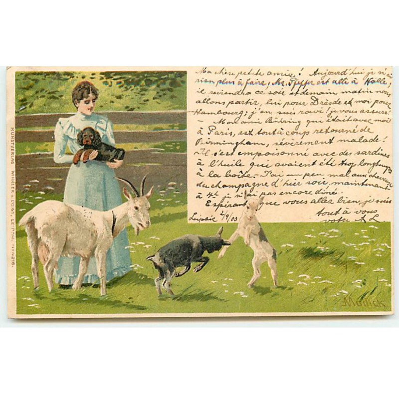 n°21455 - A. Mailick - Jeune femme portant un teckel, regardant une chèvre et deux chevreaux