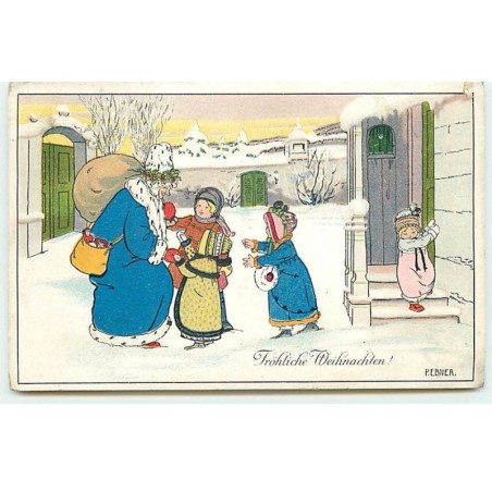 n°21464 - P. Ebner - MM Vienne n°1399 - Fröhliche Weihnachten - Enfants accueillant un Père Noël