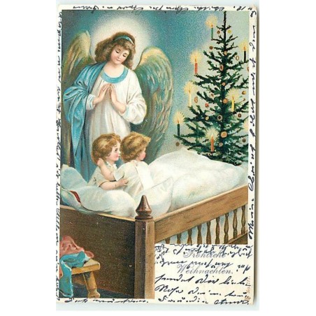 n°21470 - Fröhliche Weihnachten - Ange gardien veillant sur des enfants dans un lit admirant un sapin