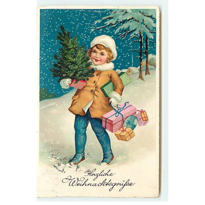 n°21471 - Herzliche Weihnachtsgruss - Fillette apportant des cadeaux et un sapin
