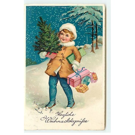 n°21471 - Herzliche Weihnachtsgruss - Fillette apportant des cadeaux et un sapin