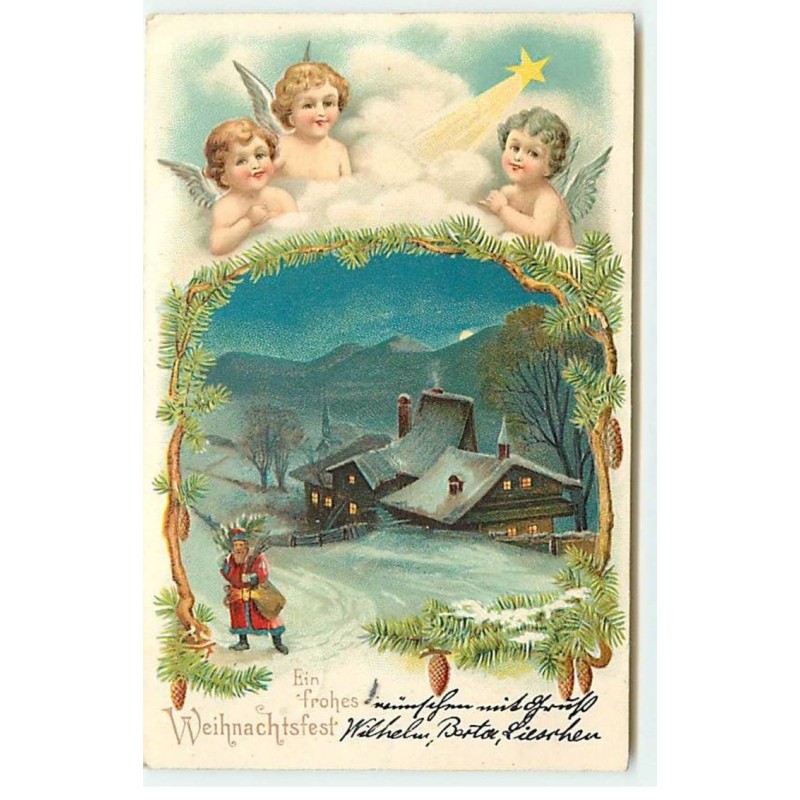 n°21472 - Carte Gaufrée - Ein frohes Weihnachtsfest - Anges regardant un Père Noël s'éloignant d'une maison