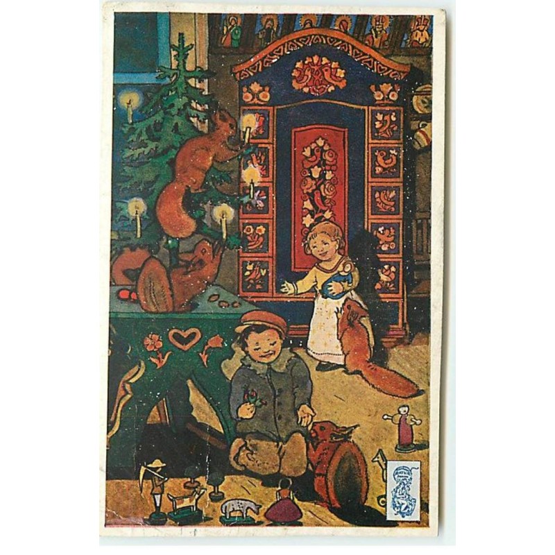 n°21473 - Enfants découvrant un sapin  avec des écureuils - squirel
