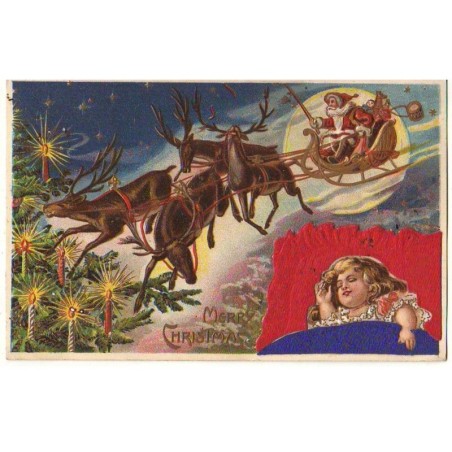 n°21476 - Carte Gaufrée - Merry Christmas - Père Noël en traîneau passant au-dessus d'une fillette dormant