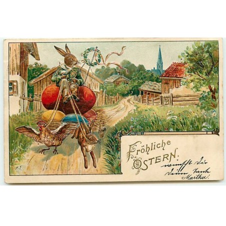 n°21479 - Carte Gaufrée - Fröhliche Ostern -Lièvre sur un oeuf dans une charette tirée par un lièvre et une poule