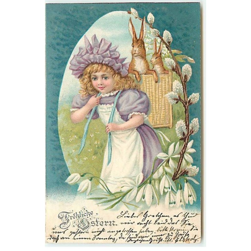 n°21480 - Fröhliche Ostern - Fillette portant dans une hotte deux lièvres
