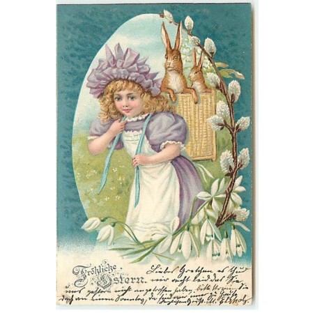 n°21480 - Fröhliche Ostern - Fillette portant dans une hotte deux lièvres