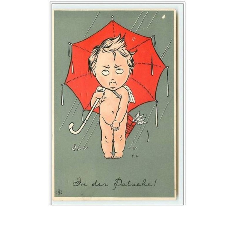 n°2149 - Carte Gaufrée - Angelot avec un parapluie rouge