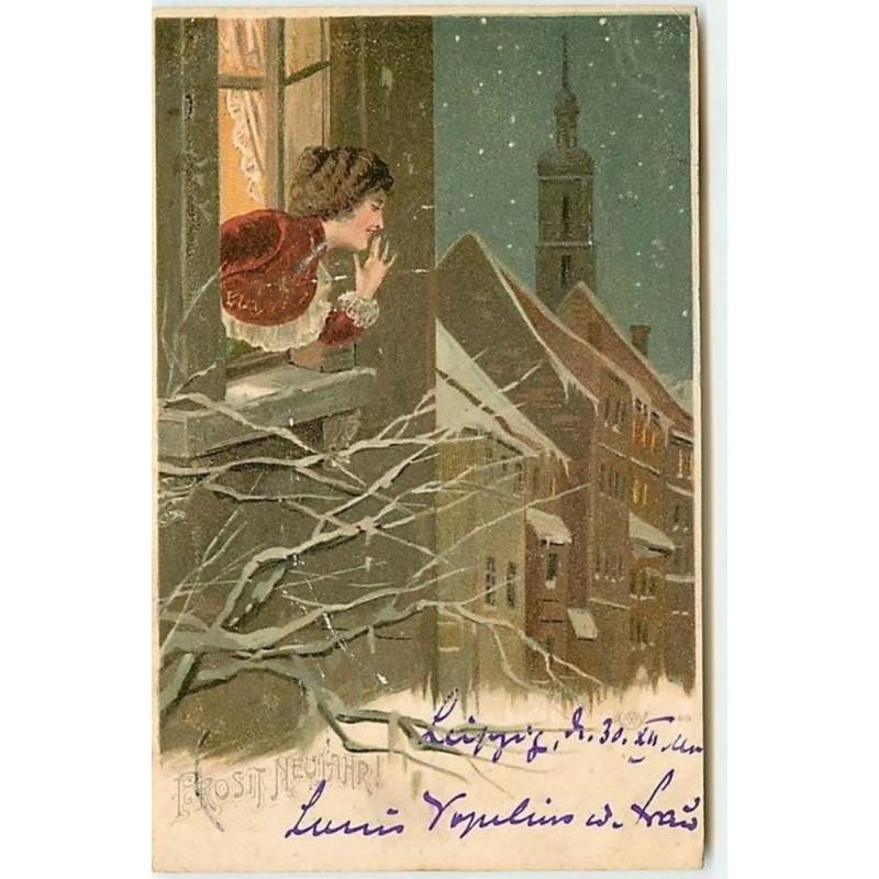 n°11292 - Carte Fantaisie - Prosit Neujahr - Femme à la Fenêtre