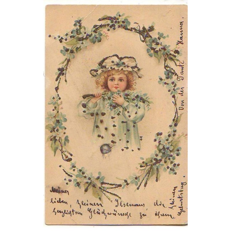 n°21497 - Fillette au milieu d'une couronne de myosotis - Carte à paillette