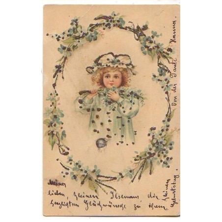 n°21497 - Fillette au milieu d'une couronne de myosotis - Carte à paillette