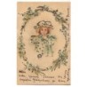 n°21497 - Fillette au milieu d'une couronne de myosotis - Carte à paillette
