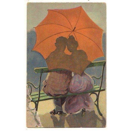 n°21499 - Couple assis sur un banc sous un parapluie