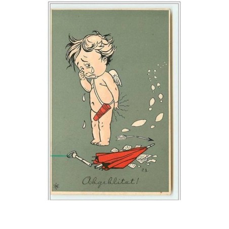 n°2150 - Carte Gaufrée - Angelot avec un parapluie rouge cassé