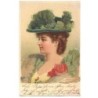 n°21505 - Carte à Perles - Portrait de profil d'une jeune femme avec un chapeau vert