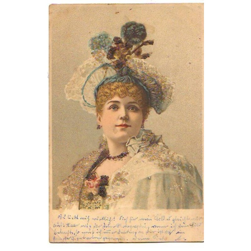 n°21506 - Carte avec perles - Portrait d'une jeune femme avec un chapeau