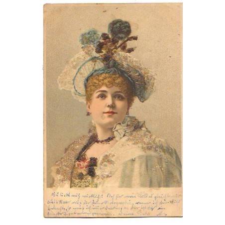 n°21506 - Carte avec perles - Portrait d'une jeune femme avec un chapeau