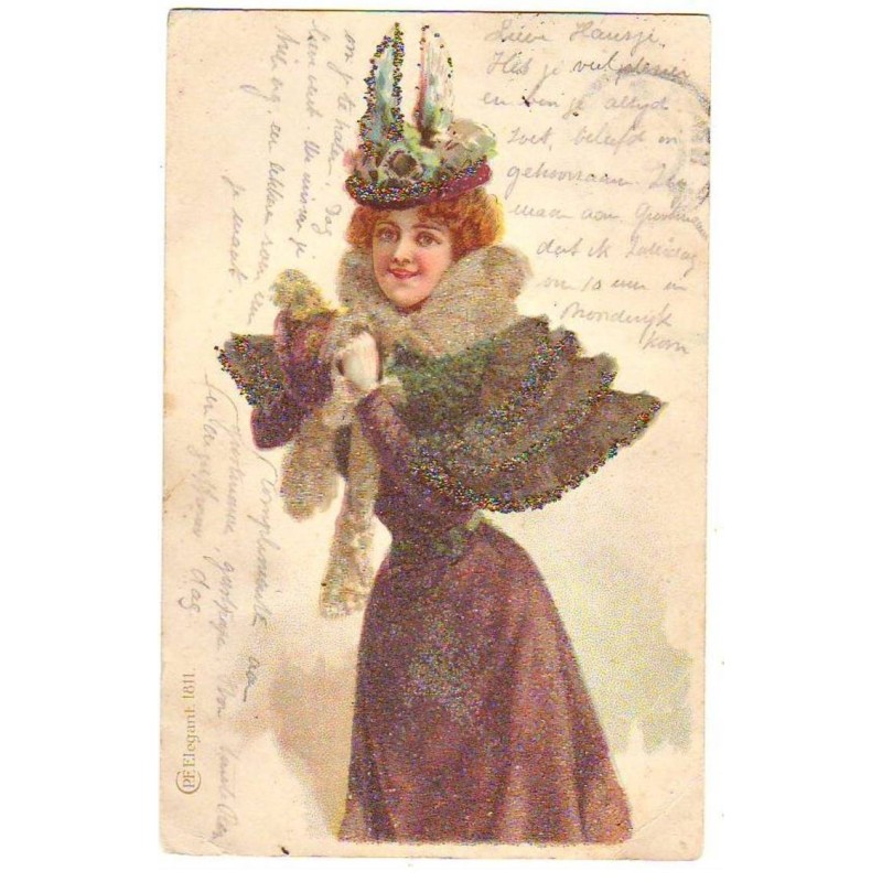 n°21508 - Carte à Paillettes + perles - Jeune femme rousse portant un manteau