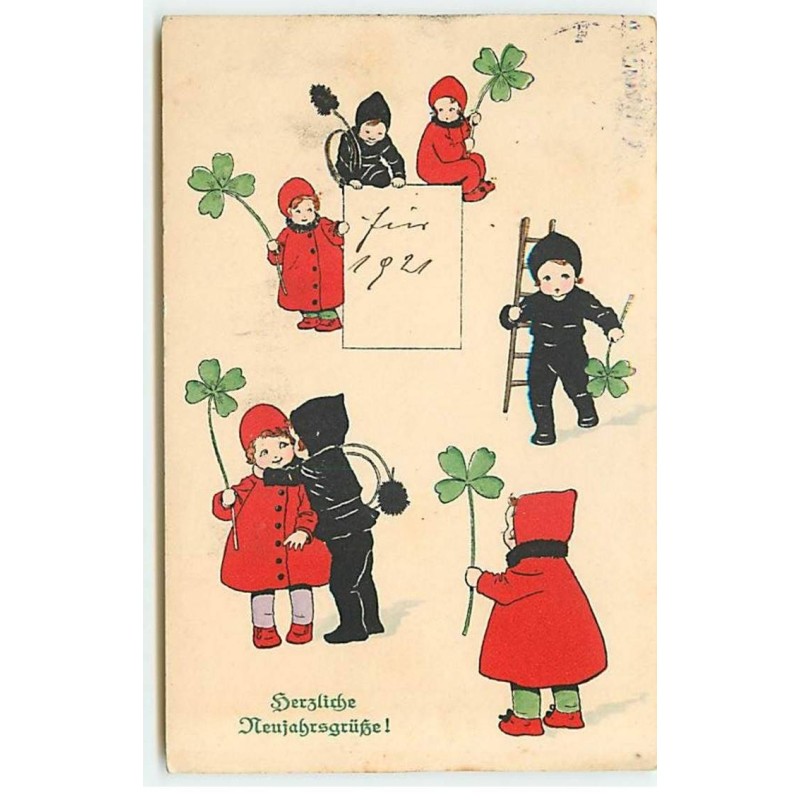 n°21509 - P. Ebner - MM Vienne n°1080 - Herzliche Neujahrsgruss - Fillettes avec un manteau en rouge et des ramoneurs