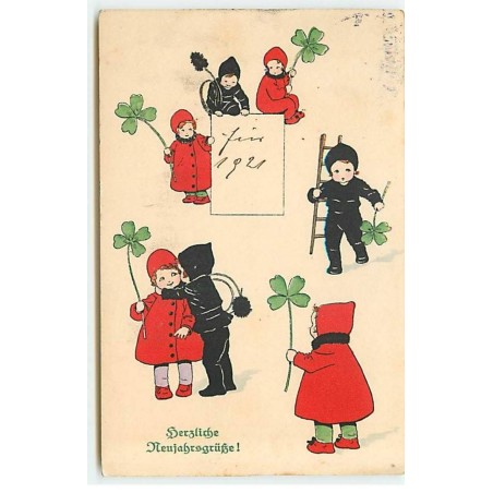 n°21509 - P. Ebner - MM Vienne n°1080 - Herzliche Neujahrsgruss - Fillettes avec un manteau en rouge et des ramoneurs