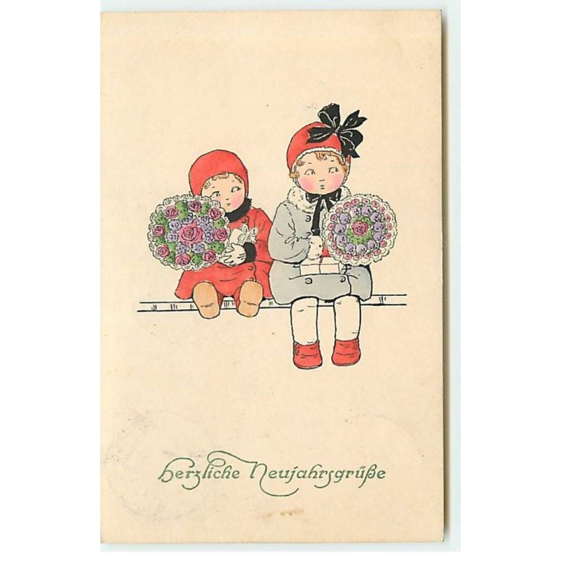 n°21512 - P. Ebner - MM Vienne n°1078 - Herzliche Neujahrsgruss - Fillettes avec des bouquets