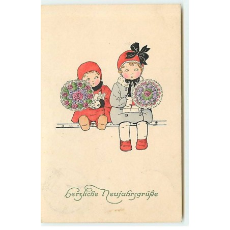 n°21512 - P. Ebner - MM Vienne n°1078 - Herzliche Neujahrsgruss - Fillettes avec des bouquets