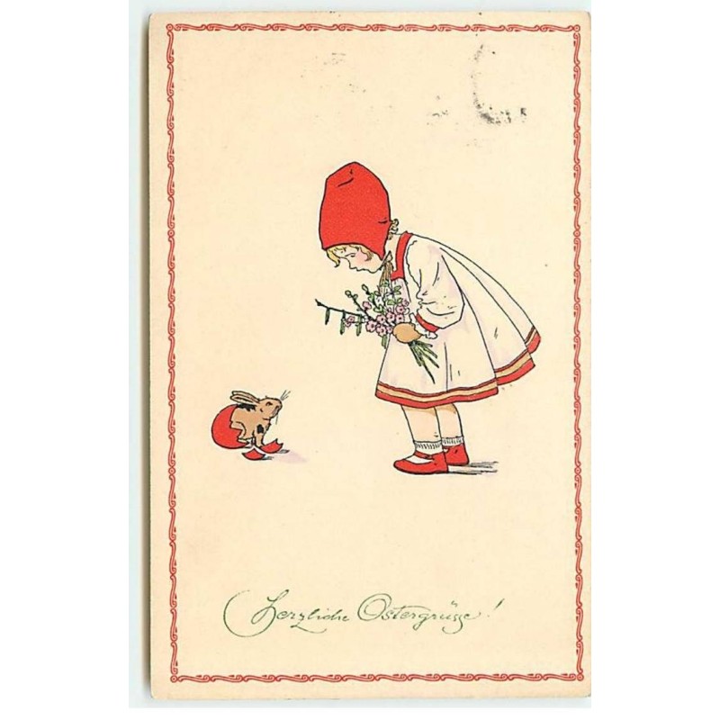 n°21517 - P. Ebner - MM Vienne n°1062 - Herzliche Ostergrüsse - Fillette regardant un lapin sortant d'un oeuf