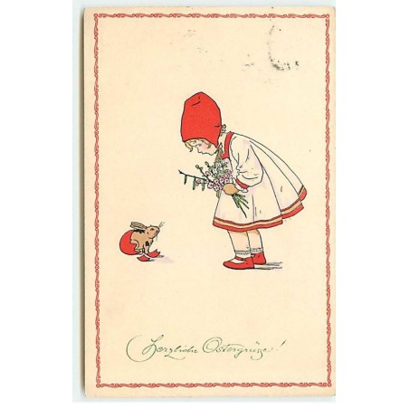 n°21517 - P. Ebner - MM Vienne n°1062 - Herzliche Ostergrüsse - Fillette regardant un lapin sortant d'un oeuf