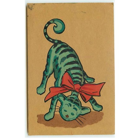 n°21524 - MM Vienne n°492 - Chat tigré vert avec un ruban rouge