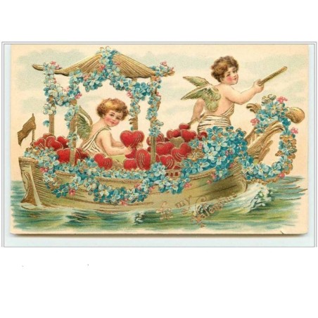 n°2153 - Carte Gaufrée - To my valentine - Angelots sur une barque avec des coeurs
