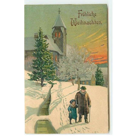 n°21531 - Carte Gaufrée - Fröhliche Weihnachten - Enfant se promenant avec un vieux monsieur, près d'une église