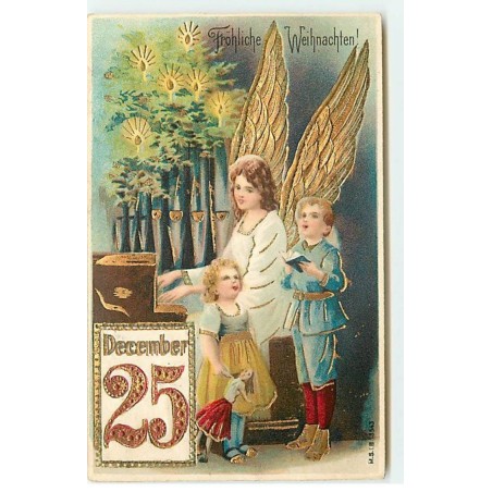 n°21533 - Carte Gaufrée - Fröhliche Weihnachten - Enfants chantant avec un ange gardien qui joue sur un piano