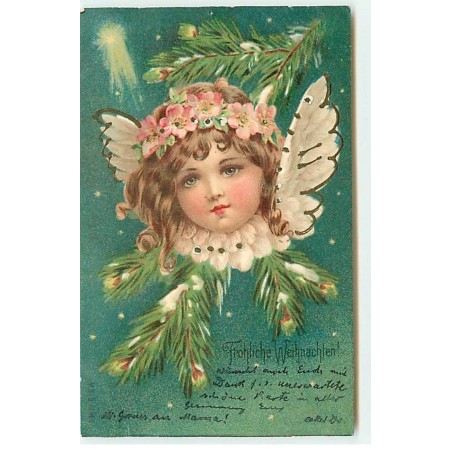 n°21535 - Fröhliche Weihnachten - Tête d'ange au milieu d'une branche de sapin