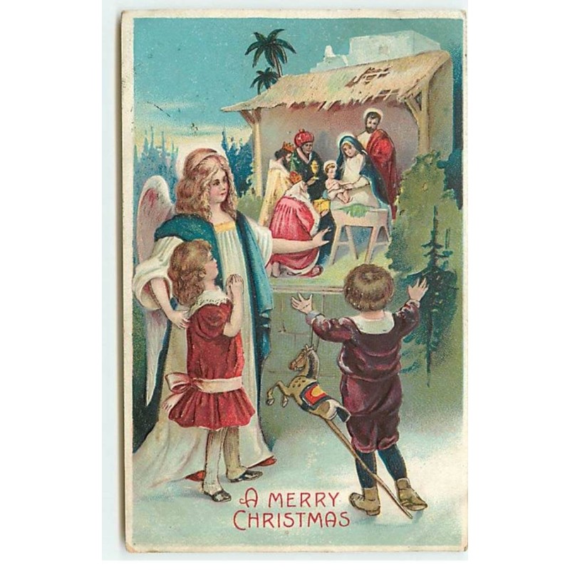 n°21536 - Carte Gaufrée - A Merry Christmas - Enfants, et un ange gardien admirant une scène de la nativité