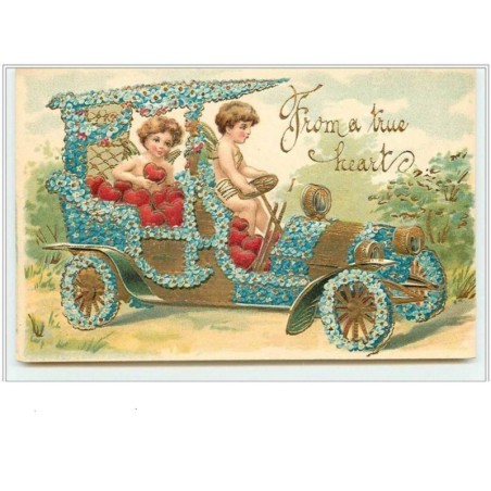 n°2154 - Carte Gaufrée - From a true heart - Angelots avec des coeurs dans une voiture
