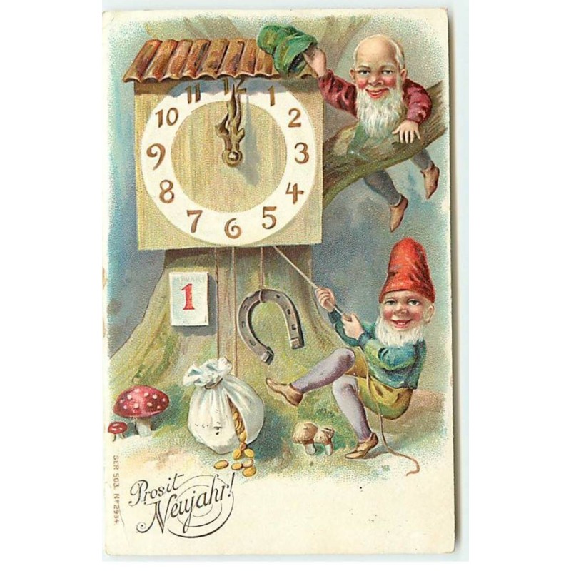 n°21540 - Carte Gaufrée - Prosit Neujahr - Nains règlant une horloge -Pièces d'or - champignon