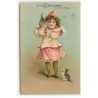 n°21543 - Carte Gaufrée - Herzlichen Glückwunsch zum Geburtstage - Fillette avec deux chatons - chat
