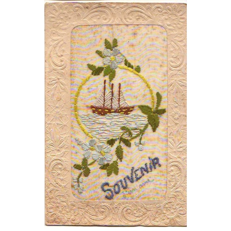 n°21551 - Carte Brodée - Souvenir - Voilier dans un médaillon