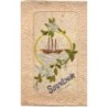 n°21551 - Carte Brodée - Souvenir - Voilier dans un médaillon