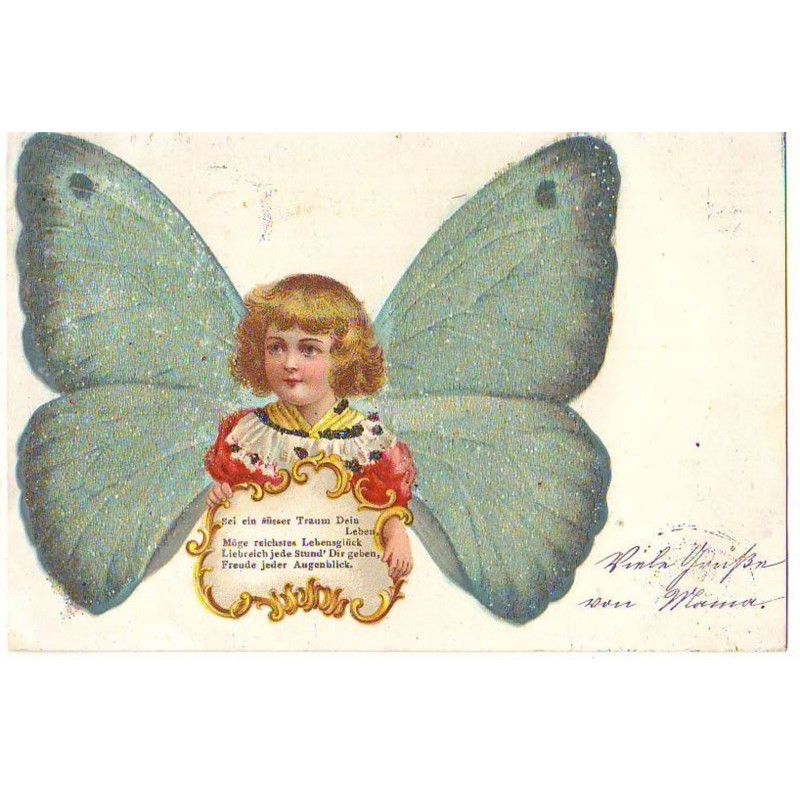 n°21555 - Fillette avec des ailes de papillon - Carte à paillettes