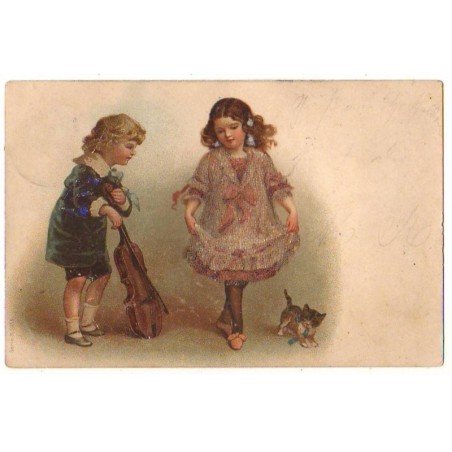 n°21557 - Fillette avec un chat dansant sur la musique jouée par un garçon - Carte avec perles