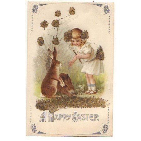 n°21558 - Carte Gaufrée - A Happy Easter - Fillette près de lièvres - Carte à paillettes