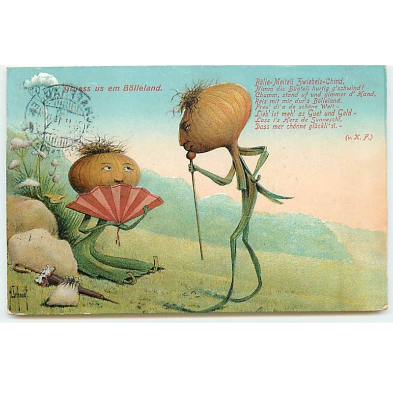 n°21560 - Illustrateur - Schmidt - Gruss us em Bölleland - Oignons humanisés - Eventail - Surréalisme