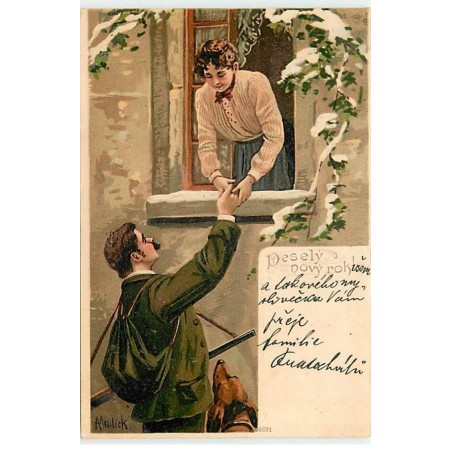 n°21561 - Illustrateur - Alfred Mailick - Vesely novy rok - Un chasseur et son teckel tenant la main d'une jeune femme