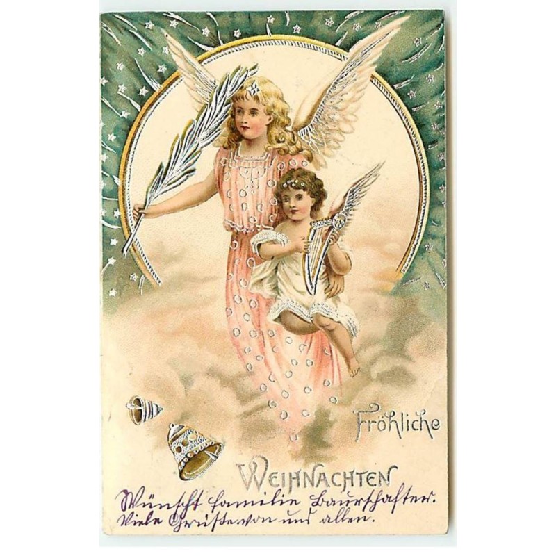 n°21573 - Carte Gaufrée - Fröhliche Weihnachten - Anges, le plus petit portant une lyre