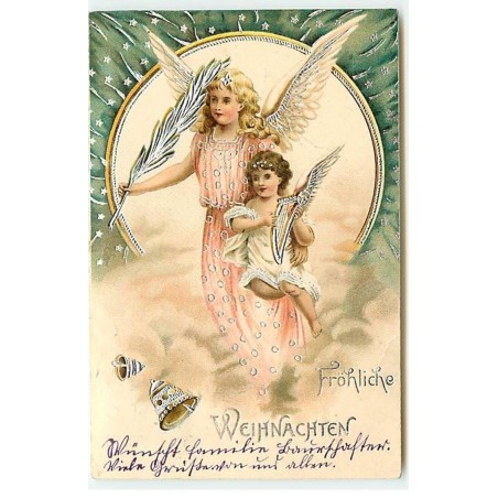 n°21573 - Carte Gaufrée - Fröhliche Weihnachten - Anges, le plus petit portant une lyre