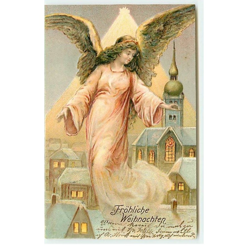 n°21574 - Carte Gaufrée - Fröhliche Weihnachten - Ange gardien au-dessus d'un village et d'une église