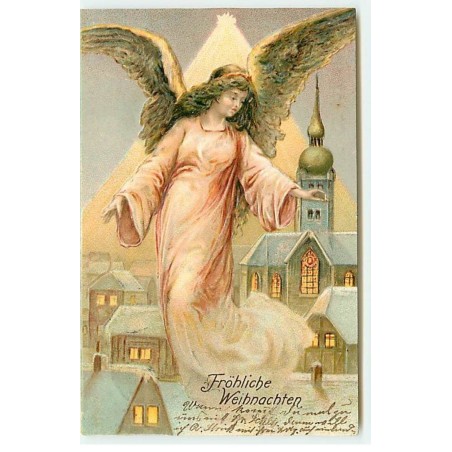 n°21574 - Carte Gaufrée - Fröhliche Weihnachten - Ange gardien au-dessus d'un village et d'une église