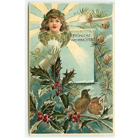 n°21576 - Carte Gaufrée - Fröhliche Weihnachten - Ange au-dessus d'oiseaux dans un nid au milieu de houx